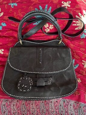 RADLEY LONDON Black Leather Top-Handle & Crossbody Bag with White Stitching